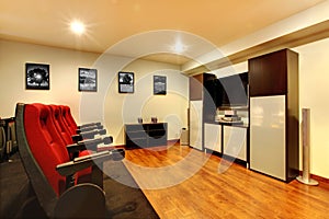 Home TV movie theater entertainment room interior.