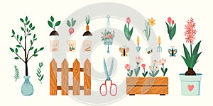 Home vegetables gardening hobby illustrations set. Vector plants, flowers, and garden tools spring seasonal flat style