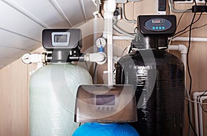 Home water filter softener system. Water purification.