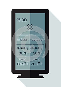 Home weather station widget, flat. Weather station home equipment, indicated temperature in Fahrenheit degrees and relative humidi