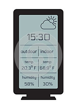 Home weather station widget, flat. Weather station home equipment, indicated temperature in Fahrenheit degrees and relative humidi