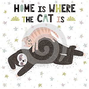 Home Is Where The Cat Is. Cute print with a sleeping sloth