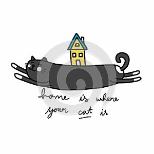 Home is where your cat is cartoon doodle  illustration