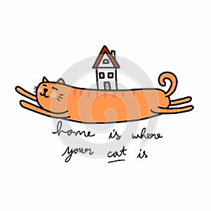 Home is where your cat is cartoon doodle illustration