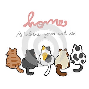 Home is where your cat is cartoon doodle illustration