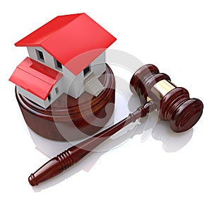 Home on white background and court gavel (done in 3d)