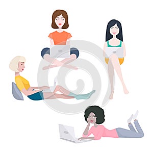 Home Working, Coworking Space Concept. Beautiful Young Woman, Girl, Freelancers Working on Laptops and Computers at Home