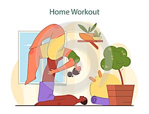 Home Workout illustration. A serene indoor scene depicting a woman in a yoga pose.