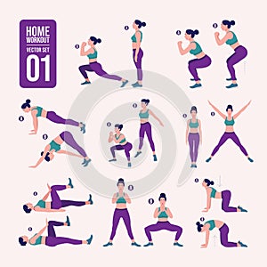 Home workout set. Set of sport exercises. Exercises with free weight.Illustration of an active lifestyle. Woman doing fitness and