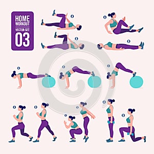 Home workout set. Set of sport exercises. Exercises with free weight.Illustration of an active lifestyle. Woman doing fitness and