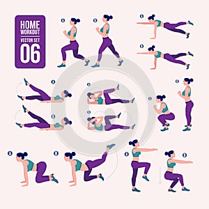 Home workout set. Set of sport exercises. Exercises with free weight.Illustration of an active lifestyle. Woman doing fitness and