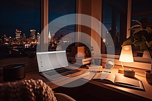 Home workplace with laptop. Generative AI