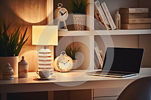 Home workplace with laptop. Generative AI