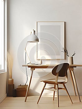 Home workplace, wooden chair and desk near white wall with blank mockup poster frame. Interior design of modern living room.