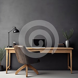 Home workplace with wooden desk and black chair near dark grey wall with copy space. Interior design of modern home office