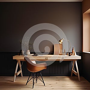 Home workplace with wooden drawer writing desk and orange chair near black wall with wainscoting. Interior design of modern photo