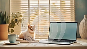 Home workspace with adorable kitty ai generated laptop template