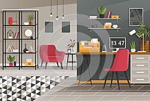 Home workspace modern design. Office, studio, cabinet or home workspace interior with furnitures