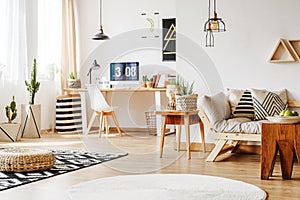 Home workspace with wooden furniture