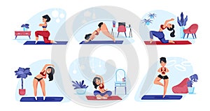 Home yoga. Cartoon girl doing physical exercises meditation and sport activities, healthy lifestyle concept. Vector