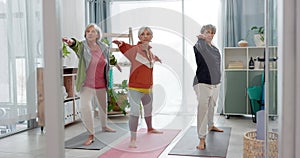 Home, yoga and elderly women stretching, fitness and retirement with activity, exercise and wellness. Senior club