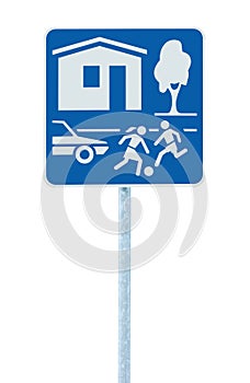 Home zone entry road sign, isolated residential area road traffic signage