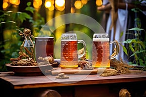 homebrewed beer in mugs on picnic table outdoors