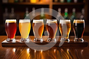 homebrewed craft beers on a wood counter