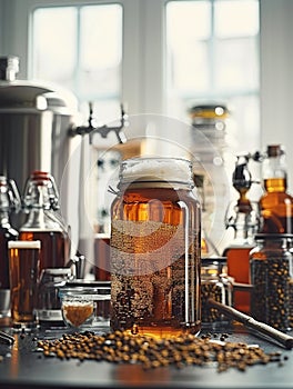 Homebrewing kit in use, with a focus on a bubbling fermenter and various brewing tools in the background Isolated on a white photo