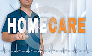 Homecare doctor shows on viewer with heart rate concept