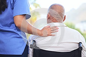 Homecare, nurse and wheelchair for disabled elderly man, with injury in spine or legs. Healthcare, disability and senior