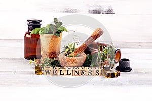 Homegrown and aromatic herbs with rosemary and basil. Wellness sign with wooden cubes