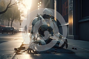 A homeless AI robot sitting on a street corner begging for a few coins created with generative AI technology