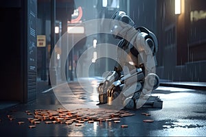 A homeless AI robot sitting on a street corner begging for a few coins created with generative AI technology