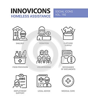 Homeless assistance and care - line design style icons set