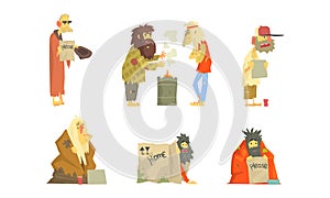 Homeless Bearded Man Characters in Rags Living on the Streets Looking Shabby and Hungry Vector Set