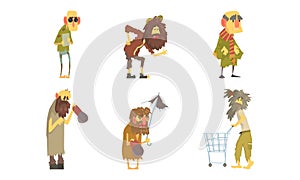 Homeless Bearded Man Characters in Rags Living on the Streets Looking Shabby and Hungry Vector Set