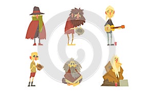 Homeless Bearded Man Characters in Rags Living on the Streets Looking Shabby and Hungry Vector Set