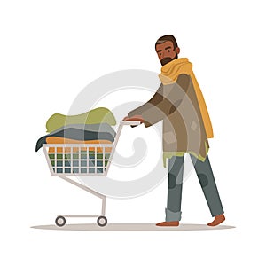 Homeless black man character pushing shopping cart with his possessions, unemployment male beggar needing help vector photo