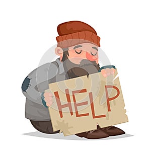 Homeless bum help cardboard paper sheet cartoon helpless character vector illustration