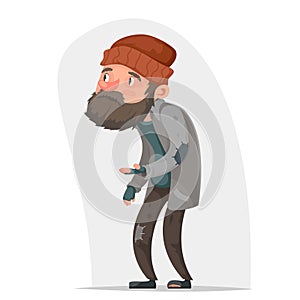 Homeless Poor Male Character Beg Help Money Hand Isolated Icon Cartoon Design Vector Illustration