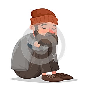 Homeless bum poor male depressed character isolated icon cartoon design vector illustration