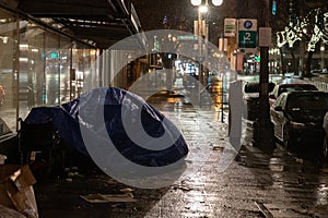 Homeless camp on a downtown Seattle sidewalk