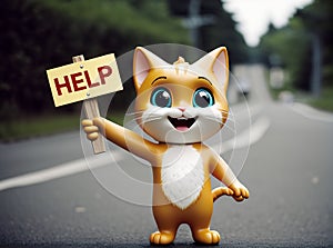 A homeless cat begs with a help sign. AI created.