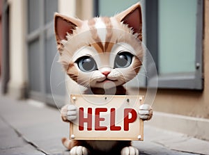 A homeless cat begs with a help sign. AI created.