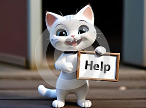 A homeless cat begs with a help sign. AI created.