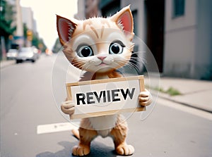 A homeless cat begs with a review sign. AI created.