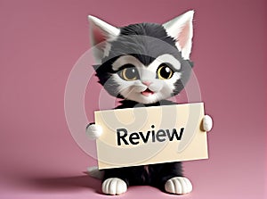 A homeless cat begs with a review sign. AI created.