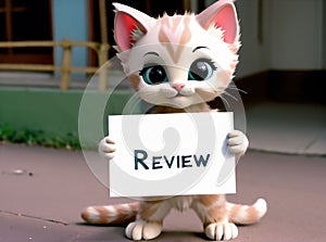 A homeless cat begs with a review sign. AI created.