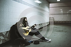 Homeless Couple Man Playing Guitar Asking For Money Donation